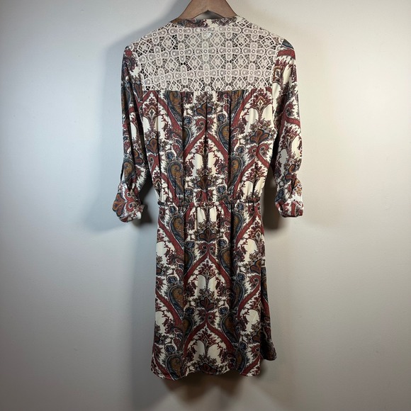 DR2‎ Paisley Dress Medium Bohemian Lace Accent Roll Tab Sleeve Tie Waist - Picture 2 of 8